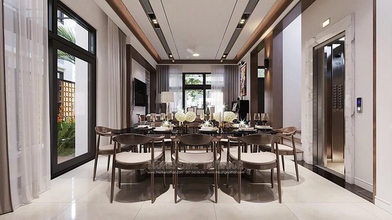 Mẫu thiết kế nội thất phòng ăn của Starlake Tây Hồ mang phong cách hiện đại với sự kết hợp giữa gỗ óc chó nhập khẩu và không gian biệt thự luxury.